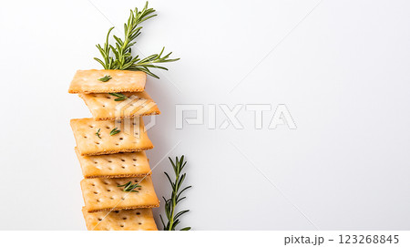 Crispy bulgur crackers with smoky paprika and rosemary on slate board. Rustic handmade appeal, soft natural light, and earthy tones. 123268845