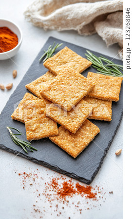 Crispy bulgur crackers with smoky paprika and rosemary on slate board. Rustic handmade appeal with soft natural lighting. 123268846