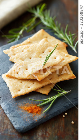 Crispy bulgur crackers with smoky paprika and rosemary on slate board. Rustic handmade appeal with soft natural lighting. 123268847