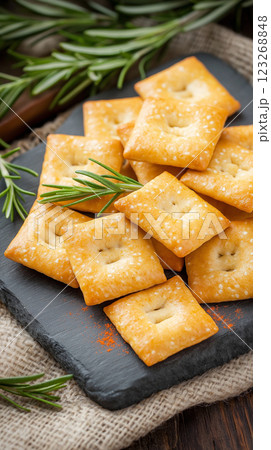 Crispy bulgur crackers with smoky paprika and rosemary on slate board. Rustic handmade appeal with soft natural lighting. 123268848