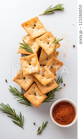 Crispy bulgur crackers with smoky paprika and rosemary on slate board. Rustic handmade appeal, soft natural light, and earthy tones. 123268850