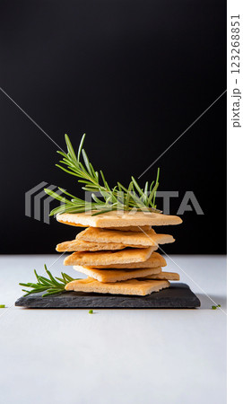 Crispy bulgur crackers with smoky paprika and rosemary on slate board. Rustic handmade appeal, soft natural light, and earthy tones. 123268851