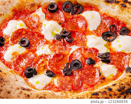 Savory pepperoni pizza with black olives and melted cheese 123268856