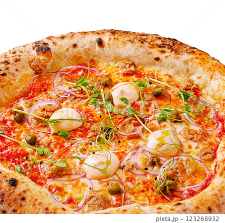 Delicious gourmet pizza with unique toppings and fresh ingredients 123268932