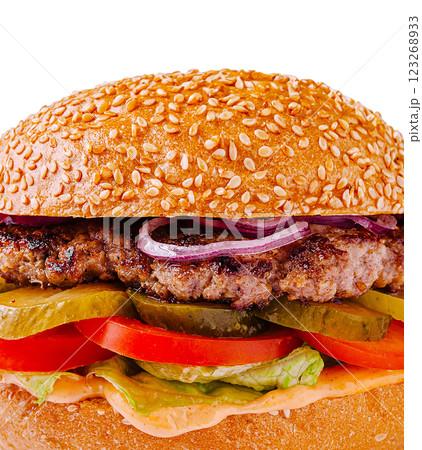 Delicious sesame seed burger with fresh toppings and sauce Delicious sesame seed burger with fresh toppings and sauce 123268933