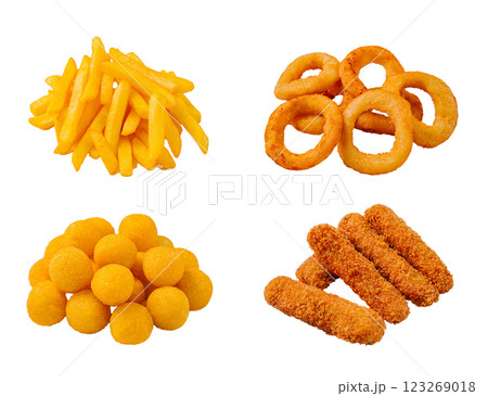 Delicious assortment of fried snacks for gatherings or parties 123269018