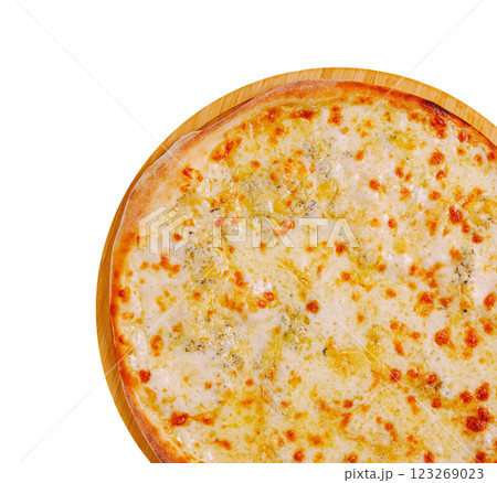 Delicious cheese pizza on a wooden serving board ready to enjoy Delicious cheese pizza on a wooden serving board ready to enjoy 123269023