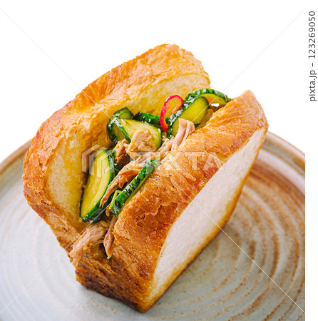 Delicious sandwich with chicken and fresh vegetables on a plate Delicious sandwich with chicken and fresh vegetables on a plate 123269050