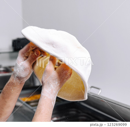 Hands shaping dough in a kitchen during pizza preparation Hands shaping dough in a kitchen during pizza preparation 123269099