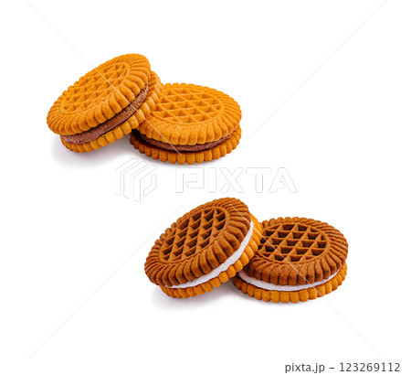 Delicious cookies stacked neatly on a bright surface Delicious cookies stacked neatly on a bright surface 123269112