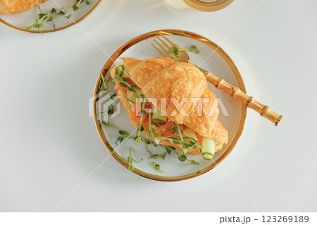 Croissant sandwich with salmon, onions and microgreens on white table. Healthy breakfast. Top view Croissant sandwich with salmon, onions and microgreens on white table. Healthy breakfast. Top view 123269189