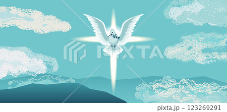 Holy Spirit Dove flies in blue sky religion holiday vector illustration. Sacrament biblical church cross symbol. Easter Sunday Christian event, Pentecost, Trinity church banner template background 123269291