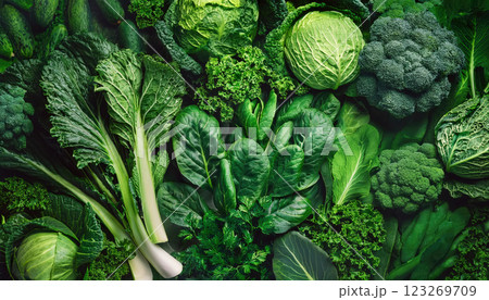 Assortment of bio vegetables like broccoli, cabbage, spinach, kale, cucumbers, and leafy greens as healthy eating concept. Fresh garden organically grown food, nutritious eating and balanced diet Assortment of bio vegetables like broccoli, cabbage, spinach, kale, cucumbers, and leafy greens as healthy eating concept. Fresh garden organically grown food, nutritious eating and balanced diet 123269709