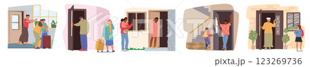 People cartoon characters leaving or returning home standing nearby doorway isolated scene set People cartoon characters leaving or returning home standing nearby doorway isolated scene set 123269736