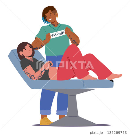 Hipster man tattoo master offering client new picture sketch for permanent body art cartoon scene 123269758