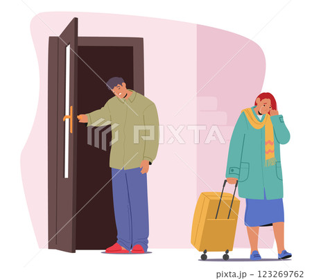 Upset husband sending off loving crying wife at home doorway, forced separation cartoon scene 123269762