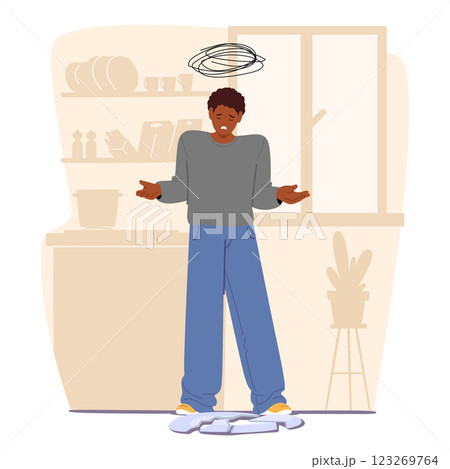 Upset teenage guy cartoon character feeling unhappy due to break dish bowl while cooking on kitchen Upset teenage guy cartoon character feeling unhappy due to break dish bowl while cooking on kitchen 123269764