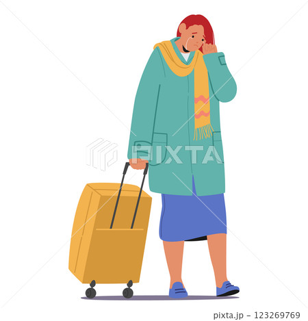 Young sad woman character crying walking with luggage suitcase while leaving home isolated on white 123269769
