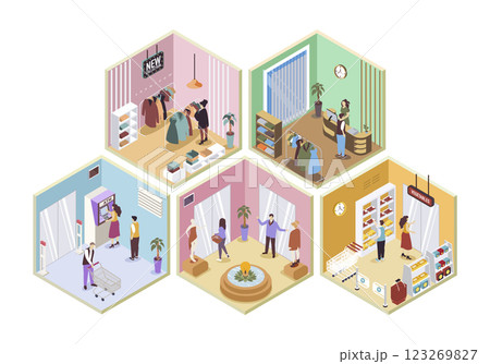 Shopping mall 3d isometric rooms concept in isometry graphic design for web. People buying clothes in stores or food in grocery, getting cash in atm, walking at sales areas. Vector illustration. 123269827