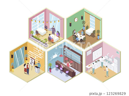 Restaurant 3d isometric rooms concept in isometry graphic design for web. People wait at reception, sitting at tables in dining area or bar, couple at date, staff work at kitchen. Vector illustration. Restaurant 3d isometric rooms concept in isometry graphic design for web. People wait at reception, sitting at tables in dining area or bar, couple at date, staff work at kitchen. Vector illustration. 123269829