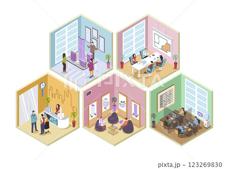Real estate 3d isometric rooms concept in isometry graphic design for web. People working at office and sales department, creating architecture projects, customers with realtor. Vector illustration. Real estate 3d isometric rooms concept in isometry graphic design for web. People working at office and sales department, creating architecture projects, customers with realtor. Vector illustration. 123269830