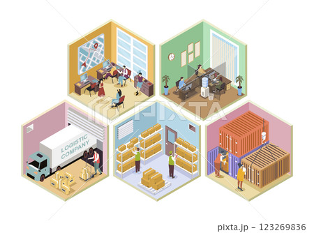 Logistic company 3d isometric rooms concept in isometry graphic design for web. People working in delivery office, managing shipping process, freight transportations and storage. Vector illustration. 123269836