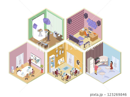 Designer studio 3d isometric rooms concept in isometry graphic design for web. People doing branding photos, audio editing, brainstorming at conference hall, relaxing at kitchen. Vector illustration. Designer studio 3d isometric rooms concept in isometry graphic design for web. People doing branding photos, audio editing, brainstorming at conference hall, relaxing at kitchen. Vector illustration. 123269846