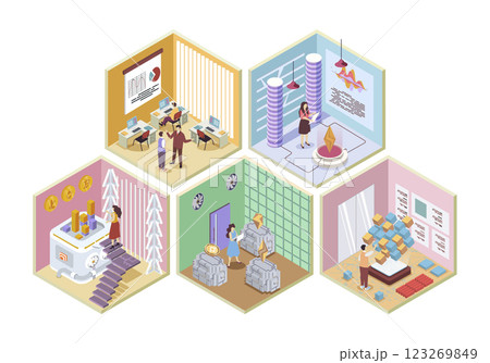 Cryptocurrency market 3d isometric rooms concept in isometry graphic design for web. People working in abstract crypto farms with blockchain, making analytics, trading bitcoins. Vector illustration. Cryptocurrency market 3d isometric rooms concept in isometry graphic design for web. People working in abstract crypto farms with blockchain, making analytics, trading bitcoins. Vector illustration. 123269849