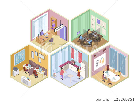 Call center 3d isometric rooms concept in isometry graphic design for web. People working as operators at workplaces, president in his office, team meeting, employees at kitchen. Vector illustration. 123269851