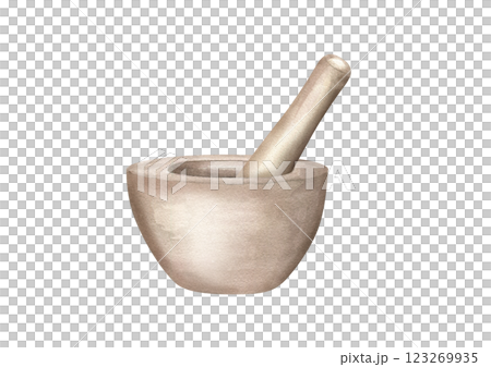 Watercolor empty stone mortar with pestle illustration. Kitchen granite utensil for cooking, grinding spices, herbs. Grind in porcelain bowl for cook book design, homeopathic recipe decor Watercolor empty stone mortar with pestle illustration. Kitchen granite utensil for cooking, grinding spices, herbs. Grind in porcelain bowl for cook book design, homeopathic recipe decor 123269935