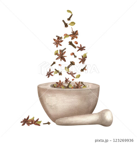 Cardamom, star anise, clove falling in granite bowl Watercolor illustration. Flying winter spices ready for grinding with pestle and mortar. Aroma ingredients for Xmas drinks and bakery. Organic food Cardamom, star anise, clove falling in granite bowl Watercolor illustration. Flying winter spices ready for grinding with pestle and mortar. Aroma ingredients for Xmas drinks and bakery. Organic food 123269936