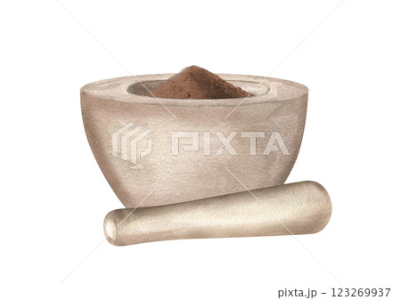 Pile of crushed brown spices in stone mortar and granite pestle lying nearby watercolor illustration isolated background. Aromatic seasoning for cooking, drink prepare, homeopathic recipes. Pile of crushed brown spices in stone mortar and granite pestle lying nearby watercolor illustration isolated background. Aromatic seasoning for cooking, drink prepare, homeopathic recipes. 123269937