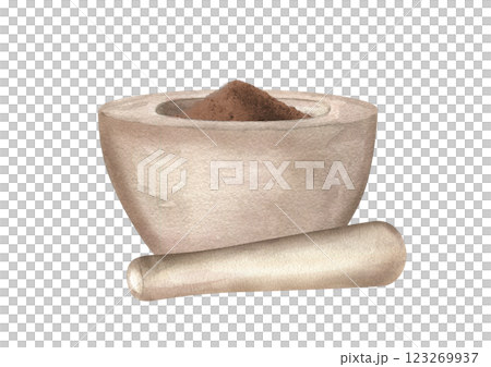 Pile of crushed brown spices in stone mortar and granite pestle lying nearby watercolor illustration isolated background. Aromatic seasoning for cooking, drink prepare, homeopathic recipes. Pile of crushed brown spices in stone mortar and granite pestle lying nearby watercolor illustration isolated background. Aromatic seasoning for cooking, drink prepare, homeopathic recipes. 123269937