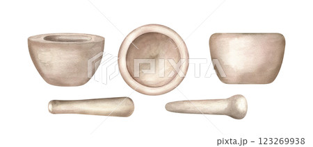 Watercolor empty granite mortars with pestles clip art illustration. Front and top view. Kitchen stone utensil set for crashing spices. Grinds and porcelain bowls for cook book, homeopathic recipe 123269938