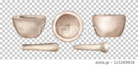 Watercolor empty granite mortars with pestles clip art illustration. Front and top view. Kitchen stone utensil set for crashing spices. Grinds and porcelain bowls for cook book, homeopathic recipe 123269938