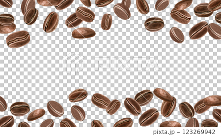 Dark roasted Arabica or Robusta coffee beans watercolor horizontal frame with empty space for text. Aroma ingredient for morning drinks illustration isolated background. For package, menu design Dark roasted Arabica or Robusta coffee beans watercolor horizontal frame with empty space for text. Aroma ingredient for morning drinks illustration isolated background. For package, menu design 123269942