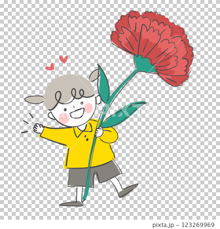 Character illustration of a child holding a carnation 123269969
