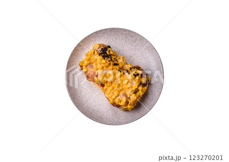 Sandwich with brioche, meat, melted cheese, corn, salt, spices and herbs Sandwich with brioche, meat, melted cheese, corn, salt, spices and herbs 123270201