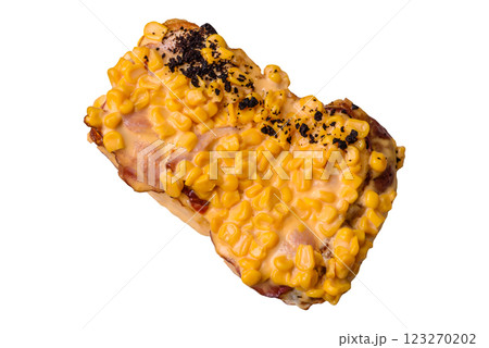 Sandwich with brioche, meat, melted cheese, corn, salt, spices and herbs 123270202