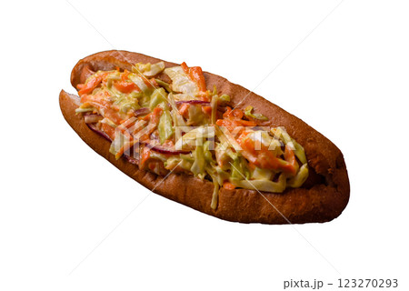 Hotdog with grilled sausage with cabbage, carrots and onions Hotdog with grilled sausage with cabbage, carrots and onions 123270293