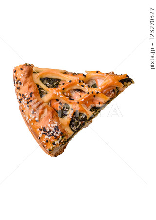 Pieces of quiche with salmon, spinach or broccoli, salt and spices 123270327