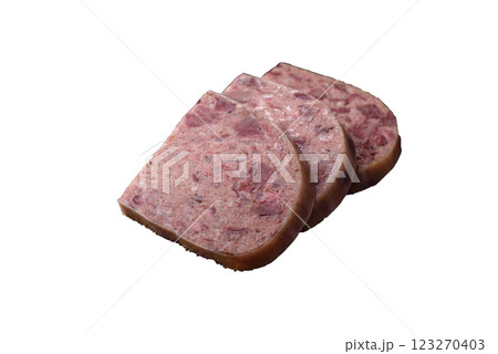 Homemade headcheese with salt, spices, herbs and vegetables 123270403