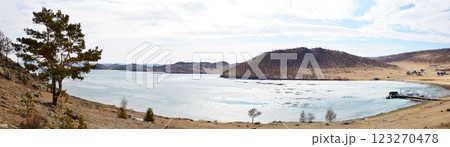 Panorama of Lake Baikal in spring, at the time of melting ice.  123270478