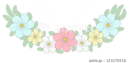 Pastel flower wreath with soft colors and delicate leaves isolated on a transparent background. Hand drawn element for spring or Easter greeting cards. Vector illustration. PNG 123270518