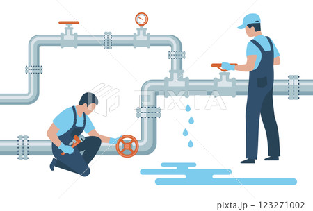 Plumbers shut off valves and repair a leaking water pipe. Concept of professional occupation Plumbers shut off valves and repair a leaking water pipe. Concept of professional occupation 123271002