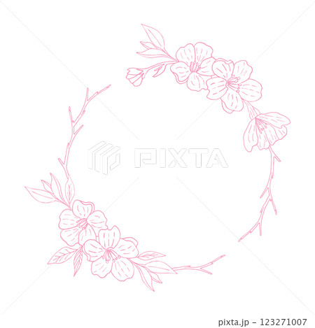 Round flower wreath with pink cherry blossoms. A frame with images of roses, cherries, cherry trees. Vector illustration, by hand. The place under the text. Design of postcards, wedding invitations 123271007