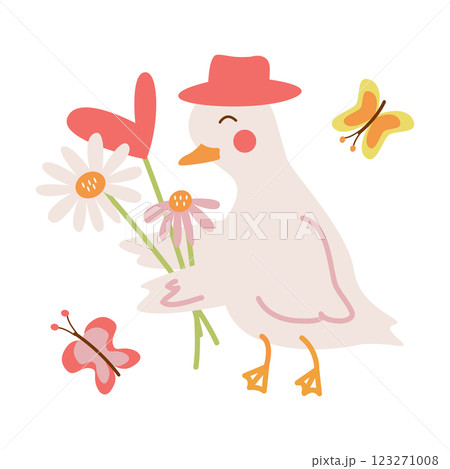 Vector cute goose in a hat carries a bouquet of flowers and greenery for the holiday. A set of elements for greeting design, postcards, stickers, prints. 123271008