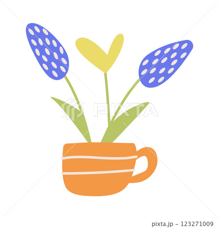 Vector illustration with a flower arrangement and a heart in a tea mug. Hand-drawn elements for postcards, covers, and banner templates. Happy Mothers Day greeting card with flowers in a cup 123271009