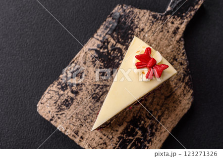 Piece of sweet layered cheesecake with cherries and poppy seeds Piece of sweet layered cheesecake with cherries and poppy seeds 123271326