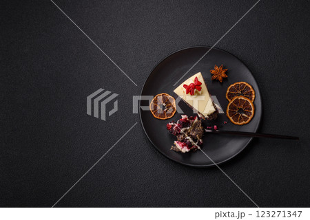 Piece of sweet layered cheesecake with cherries and poppy seeds Piece of sweet layered cheesecake with cherries and poppy seeds 123271347